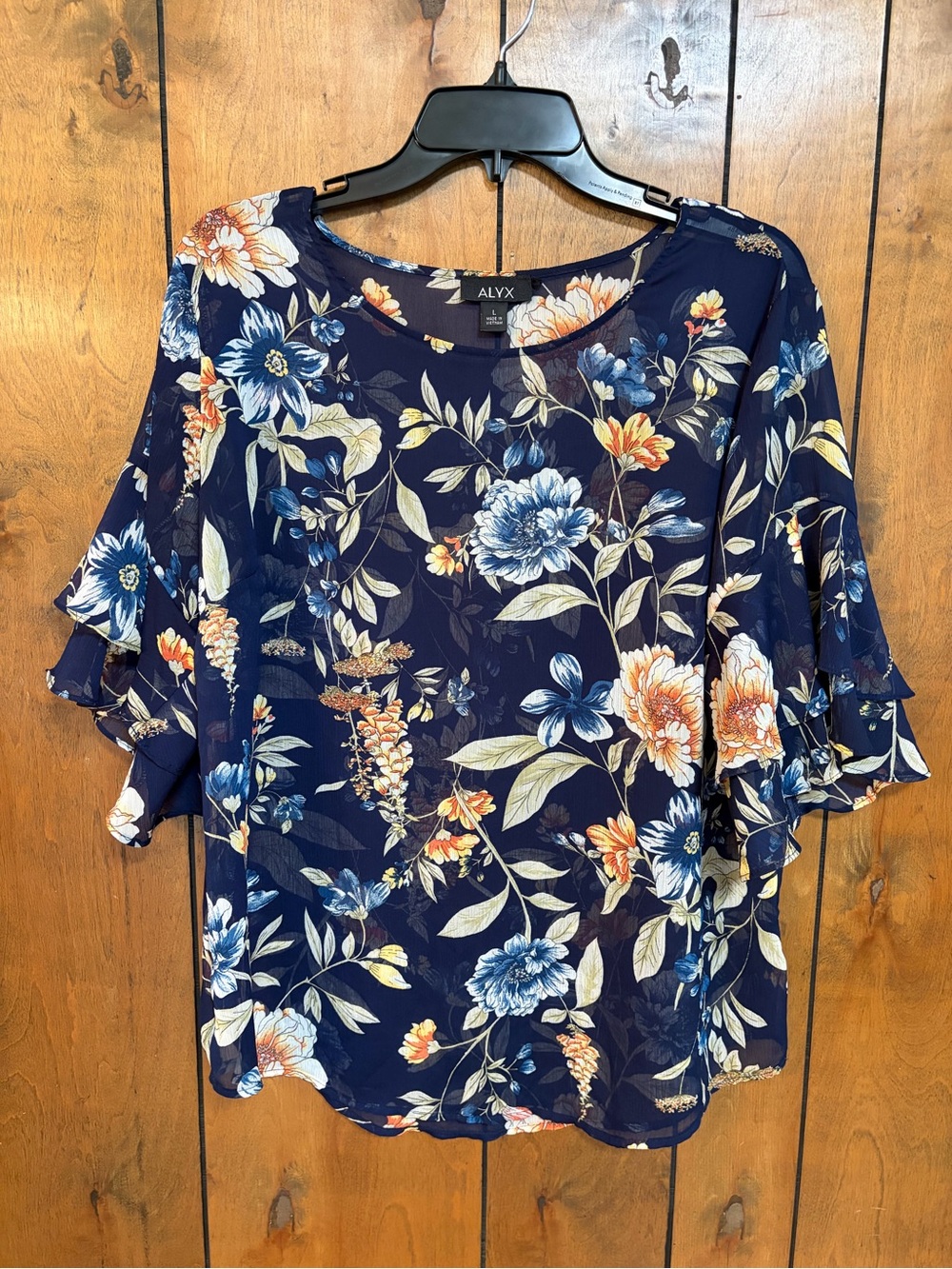ALYX Navy Floral Ruffle-Sleeve Blouse